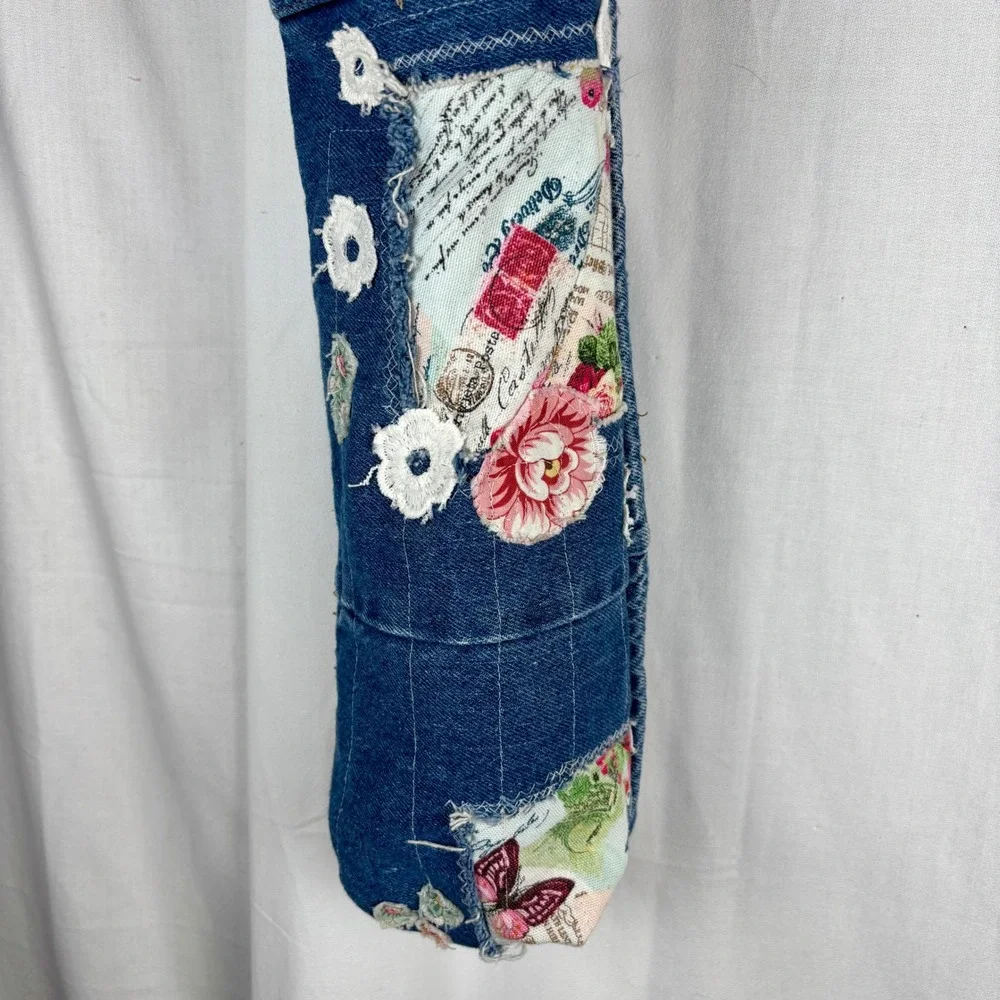 Handmade Denim Wine Tote Bag Floral Patchwork White Lace Embellished‎